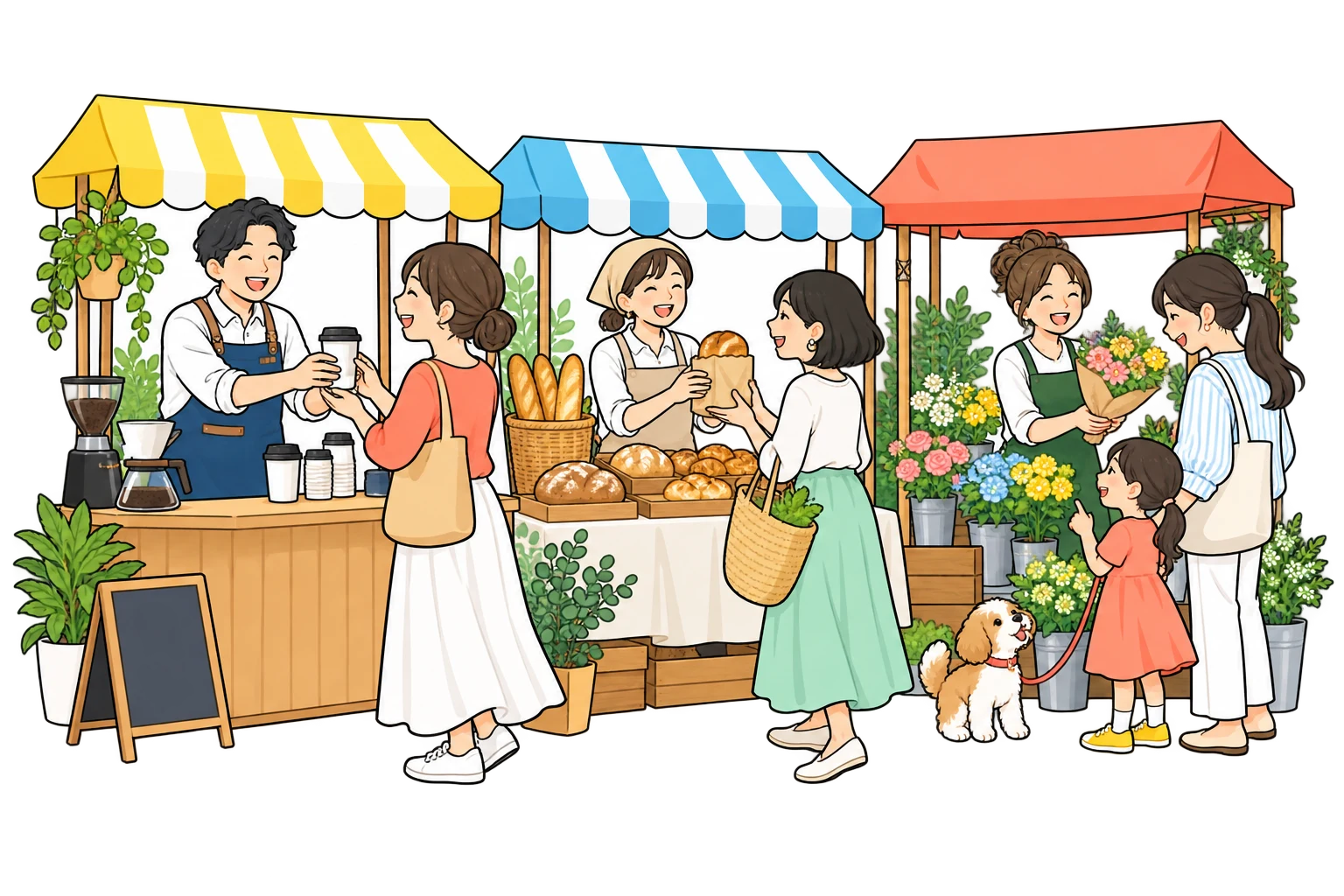お店の人と訪れる人が会話を楽しむマルシェのイラスト